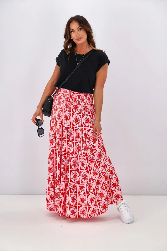 New U Collection Pink Red Sun Print Maxi Skirt