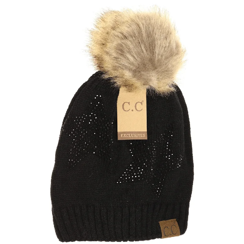 Rhinestone Star Fur Pom CC Beanie in Black