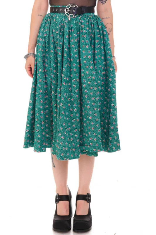 Vintage 70's Green Floral Midi Skirt - S