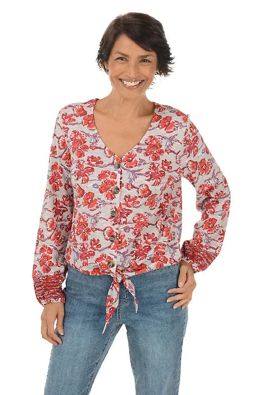 Scarlet Floral Buttoned Tie-Front Top