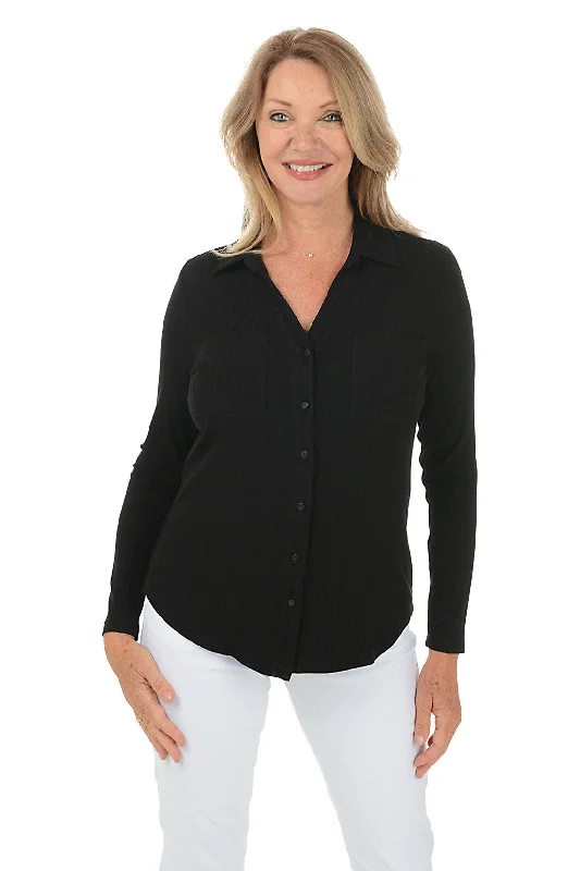 Solid Ribbed Button-Front Top