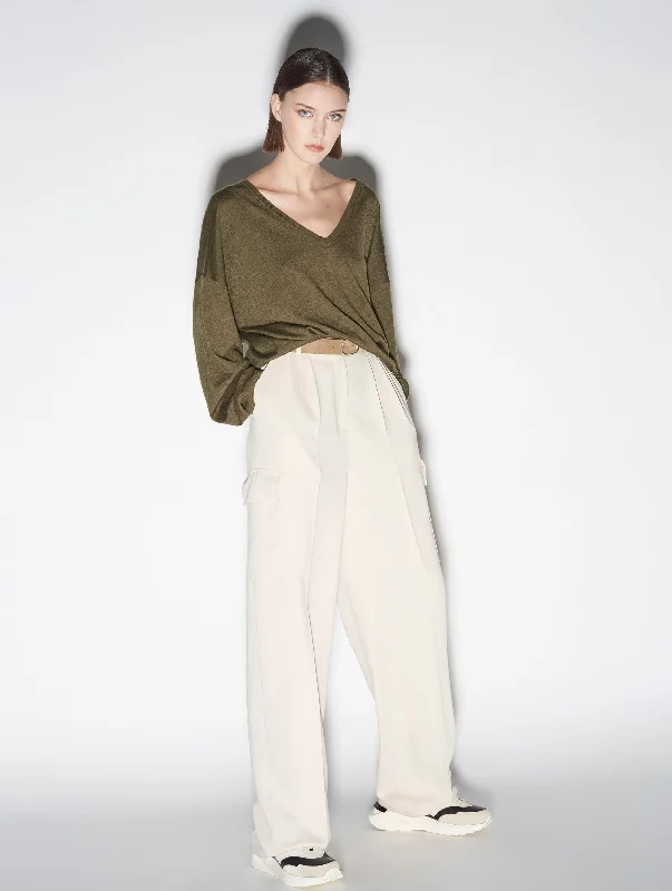 Khaki oversized V-neck knit sweater