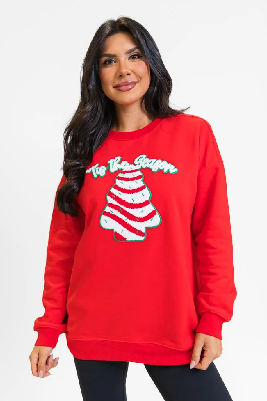 Tis The Season Christmas Cake Patch Red Oversized Graphic Sweatshirt