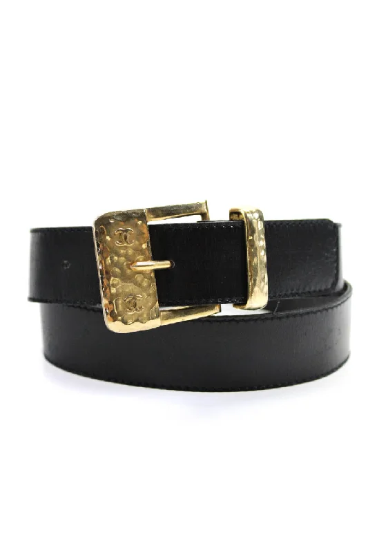 Chanel Womens Leather Gold Tone Buckle Belt Black