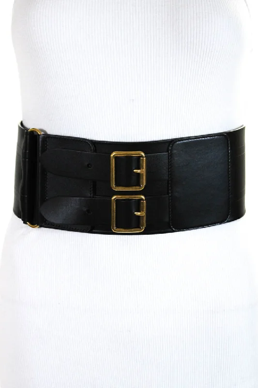 Christian Dior Debossed Logo Double Buckle Wide Leather Waist Belt Black Sz 75cm