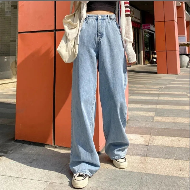 Amy Fashion - Fashionable Blue Vintage Quality High-Waisted Denim Straight Casual Floor Length Jean