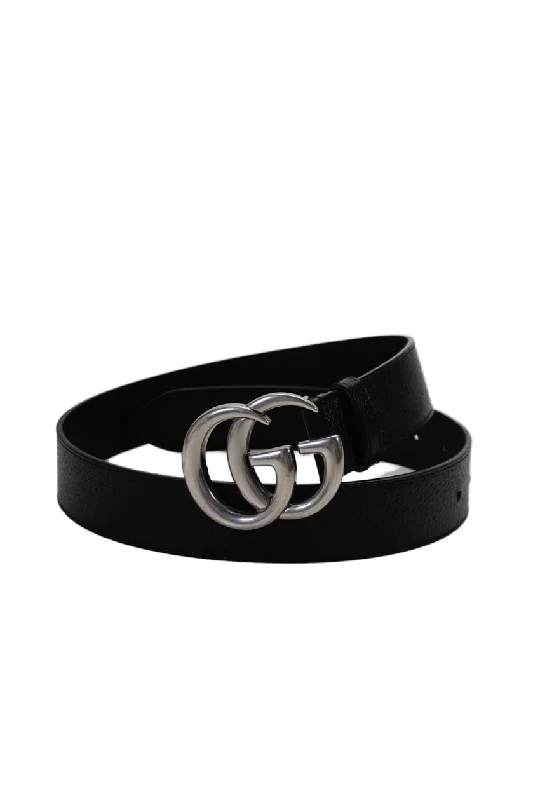 Gucci Womens Medium Width Grain Leather GG Buckle Belt Black