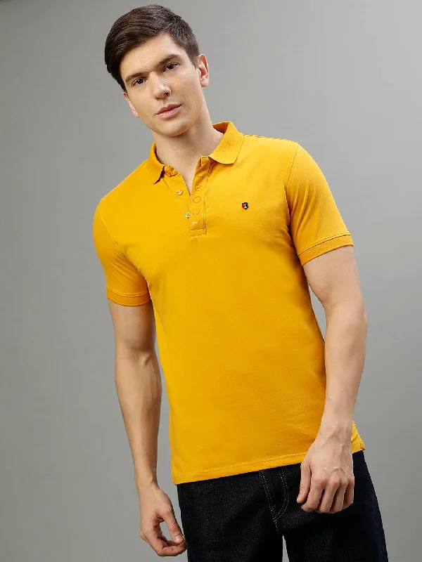 Iconic Men Mustard Solid Polo Collar Short Sleeves T-Shirt