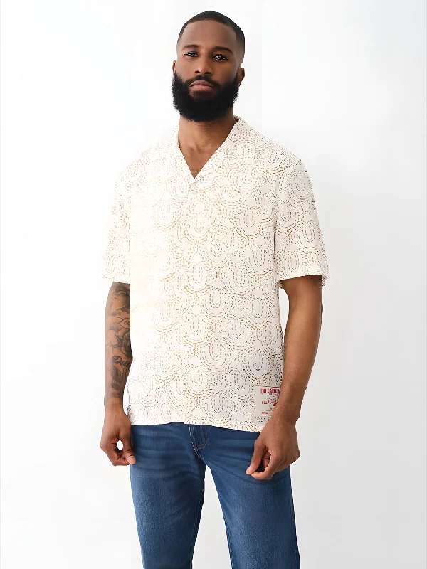 True Religion Men Beige Printed Cuban Collar Short Sleeves Shirt