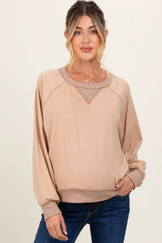 Beige French Terry Contrast Rib Maternity Long Sleeve Pullover