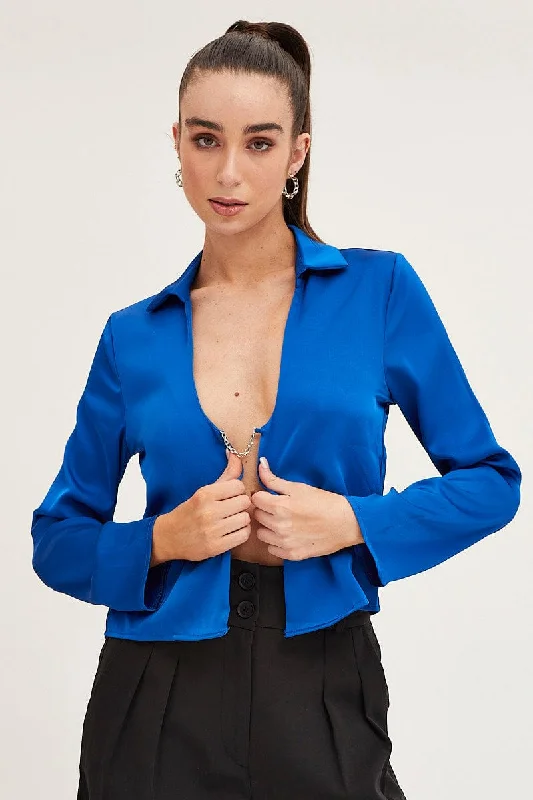 Blue Satin Long Sleeve Collared Chain-Link Front Jacket