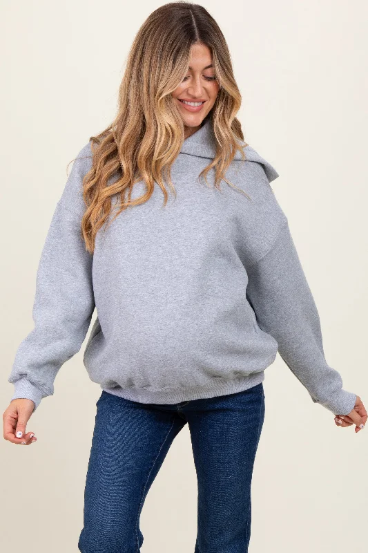 Heather Grey Fleece Oversized Pullover Maternity Hoodie