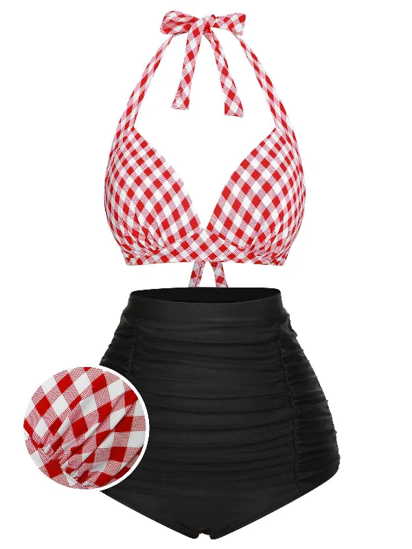 1950s Halter Plaids Lace-Up Swimsuit