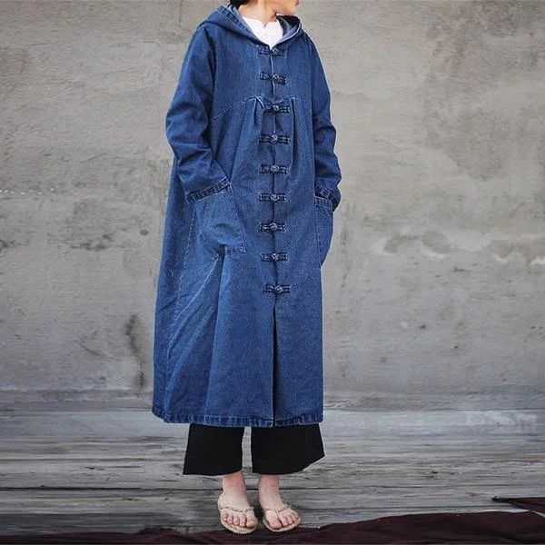 2020 Spring Women Solid Color Denim Trench CoatsLoose Hooded Collar Patchwork Long Coats