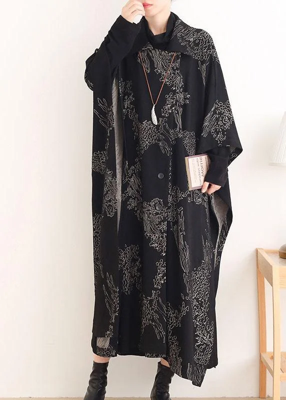 Beautiful Black Print Peter Pan Collar Button Long Trench coats