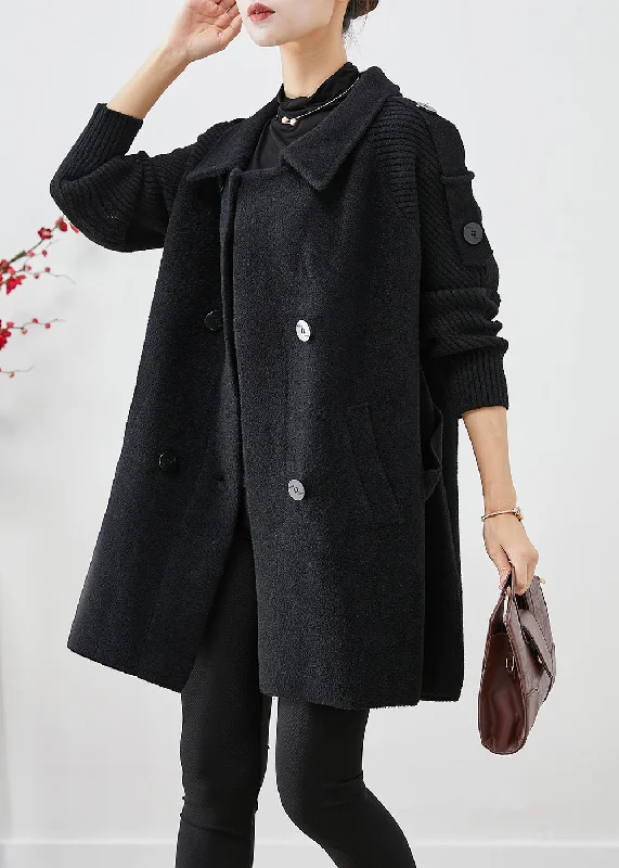 Casual Black Double Breast Patchwork Woolen Trench Coats Fall