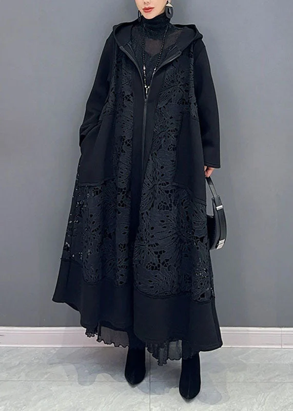 Casual Black Pockets Hollow Out Maxi Hooded Trench Coats Long Sleeve