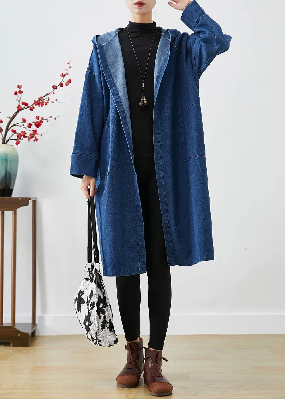 Casual Navy Hooded Oversized Cotton Trench Coats Fall