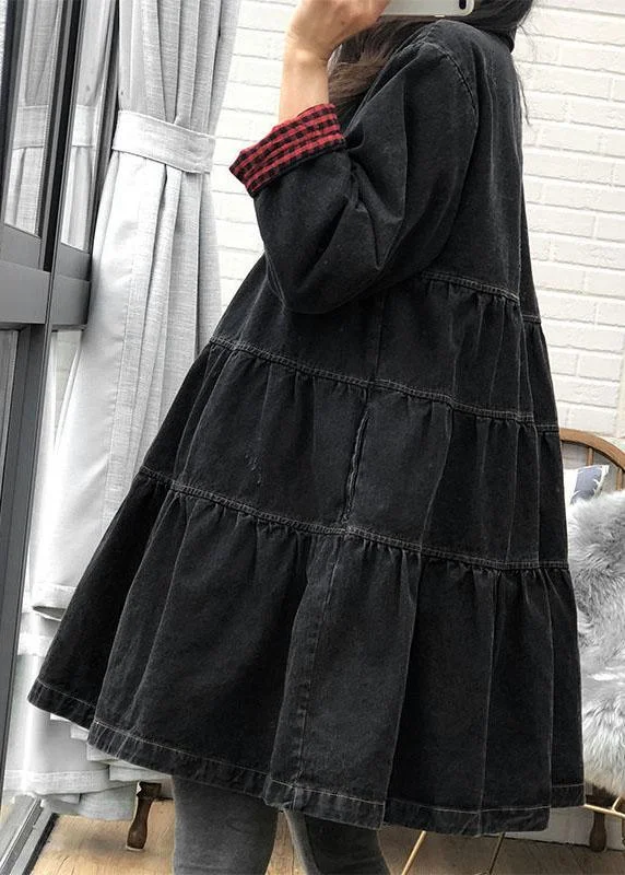 Chic Black Loose Button Patchwork Fall trench coats Dress