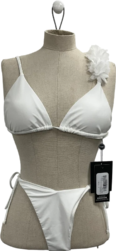 Club L White Triangle Flower Trimmed Bikini Top & String Bikini Bottoms UK 10