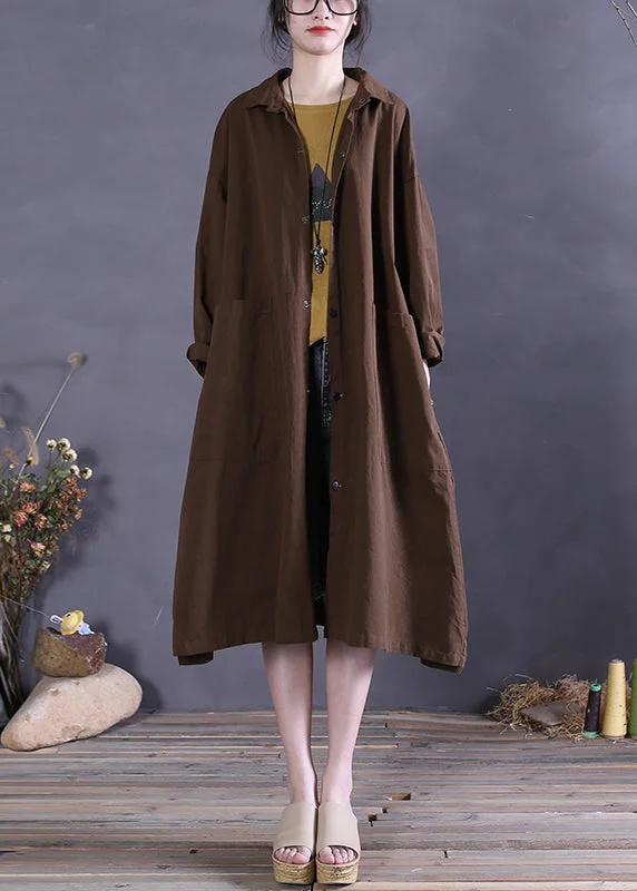 Coffee Colour Peter Pan Collar Pockets Cotton Trench Coats Long Sleeve