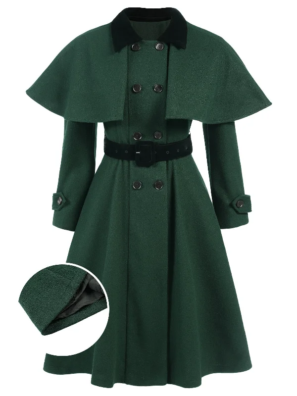 [Pre-Sale] Green 1930s Double-Breasted Belted Coat With Cape