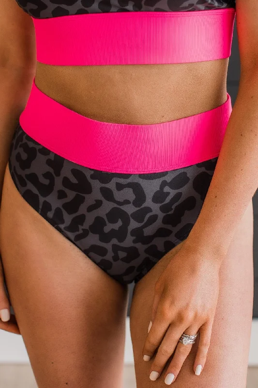 Ray Of Sunshine Swim Bottoms- Charcoal Leopard & Neon Pink