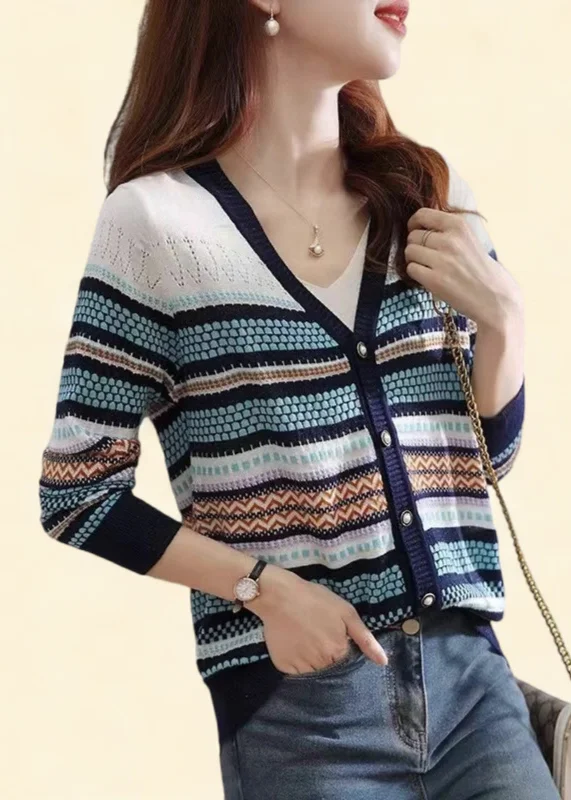 Women Colorblock V Neck Striped Patchwork Button Knit Cardigans Fall