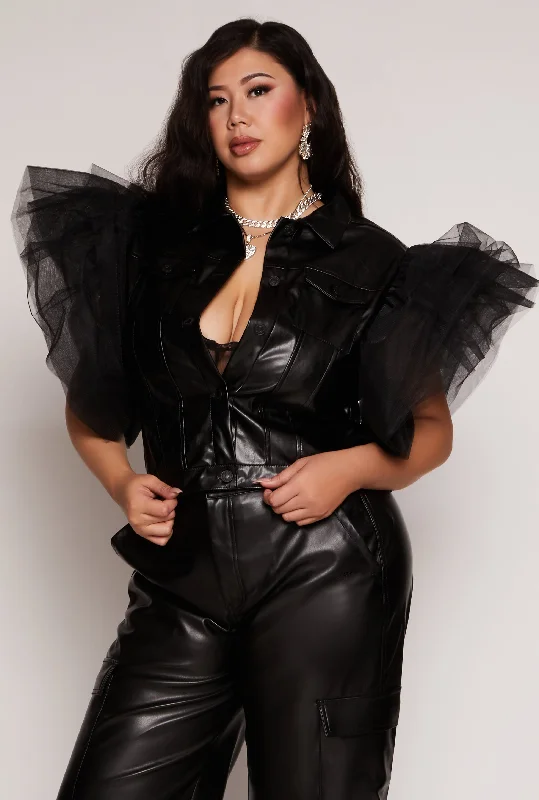 Plus Size Tulle Flutter Sleeve Faux Leather Vest