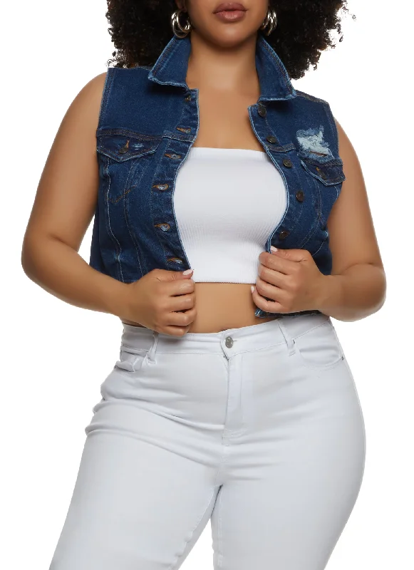 Plus Size WAX Distressed Cropped Denim Vest