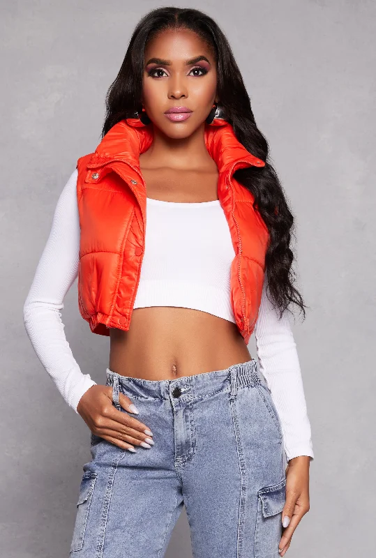 Daisy Snap Button Zip Front Cropped Puffer Vest